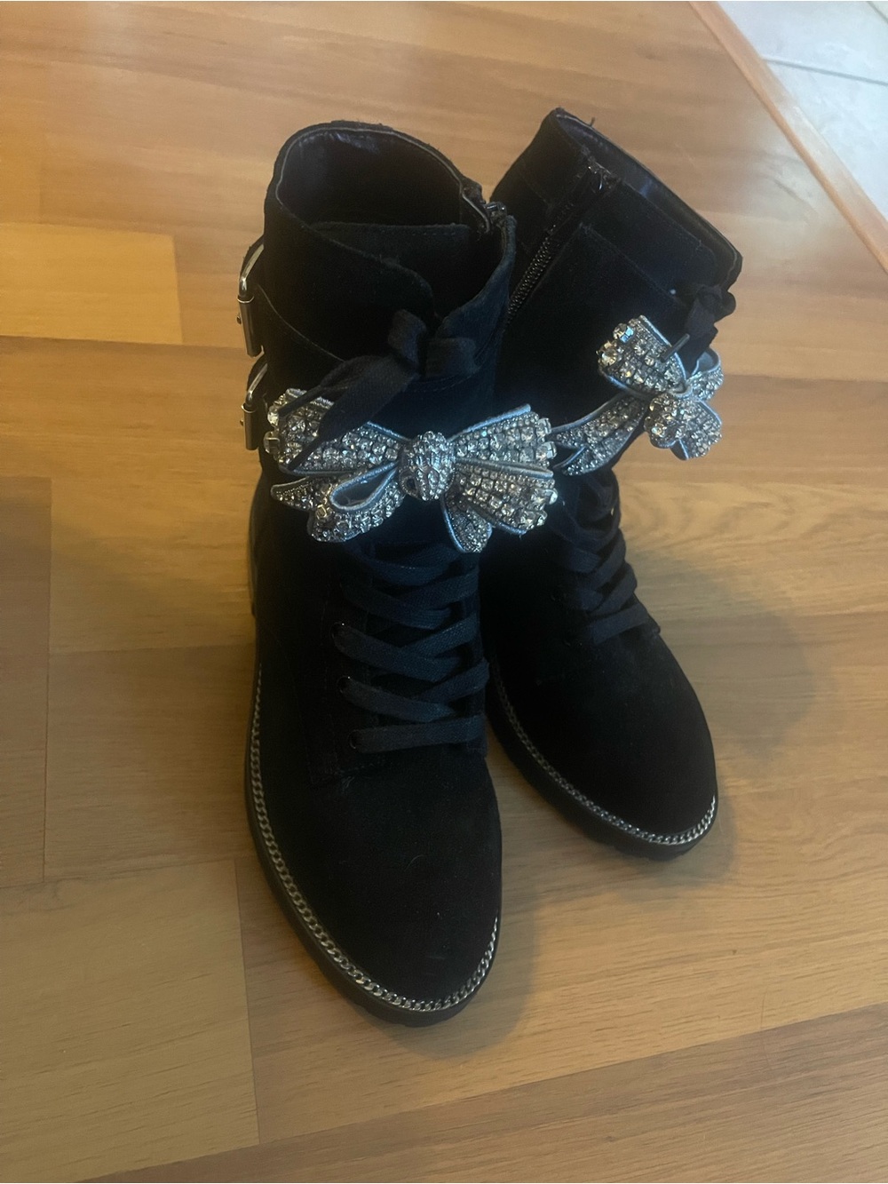 Kurt Geiger Black Lace-Up Ankle Boots with Crystal Bow Embellishment